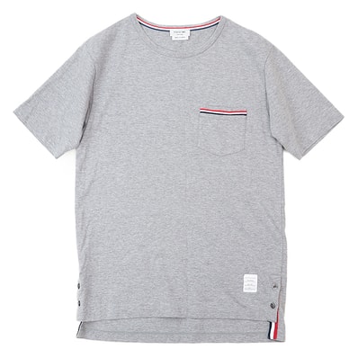 トムブラウン クルーネック ポケット ポケT サイドスリット トリコロールライン 半袖Tシャツ メンズ グレー L THOM BROWNE