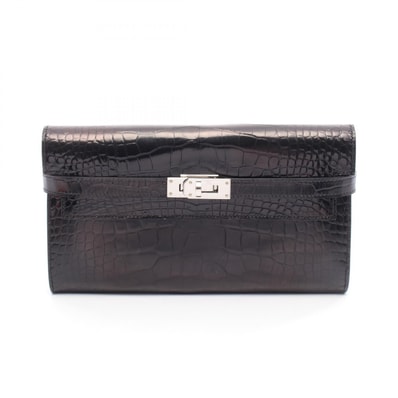 エルメス HERMES ケリーウォレット ロング 二つ折り財布 財布 アリゲーターリセ A刻印(2017年製造) レディース ブラック系 【中古】