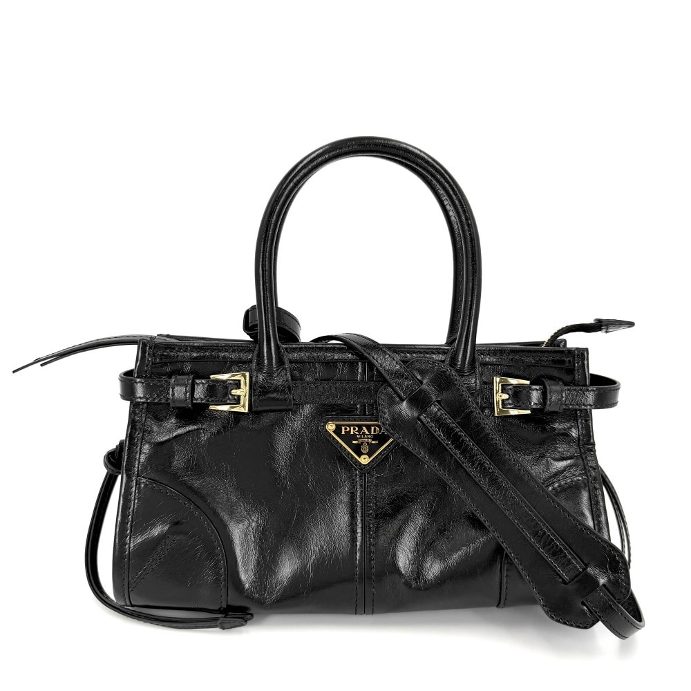 PRADA プラダ 2WAY ボニーミニ ハンドバッグ ショルダーバッグ 肩掛け 斜め掛け トライアングルロゴ トートバッグ 1BA486 レザー    ブラック 黒 ゴールド金具 レディース 美品【中古品】