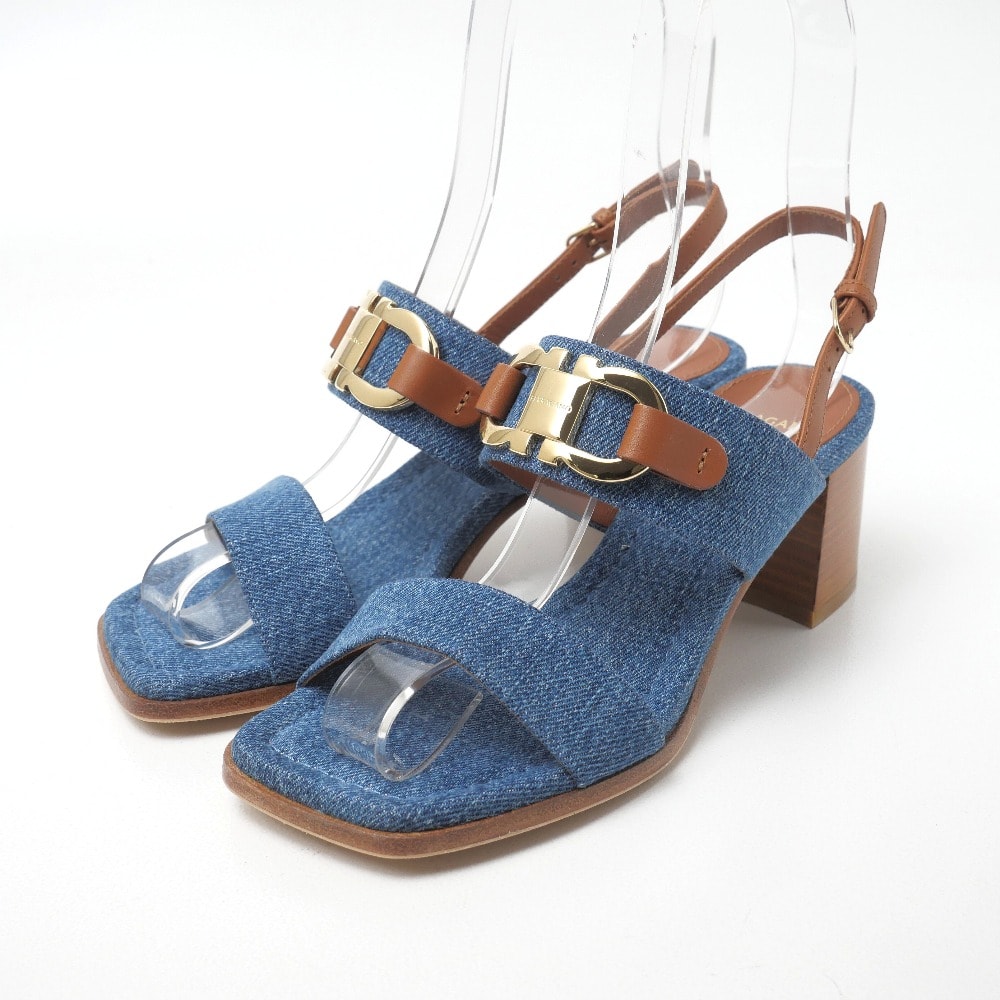 ■美品■Salvatore Ferragamo サルヴァトーレフェラガモ サンダル サイズ5D ガンチーニ金具 デニム×レザー イタリア製 ブランド古着【中古】20260918/RB0614