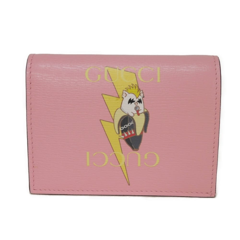 GUCCI グッチ ばなにゃ コンパクト ウォレット バナナ ライトニングボルト イナズマ パステル 札入れ カードケース コインケース ロゴ ライトピンク 二つ折り財布 701009