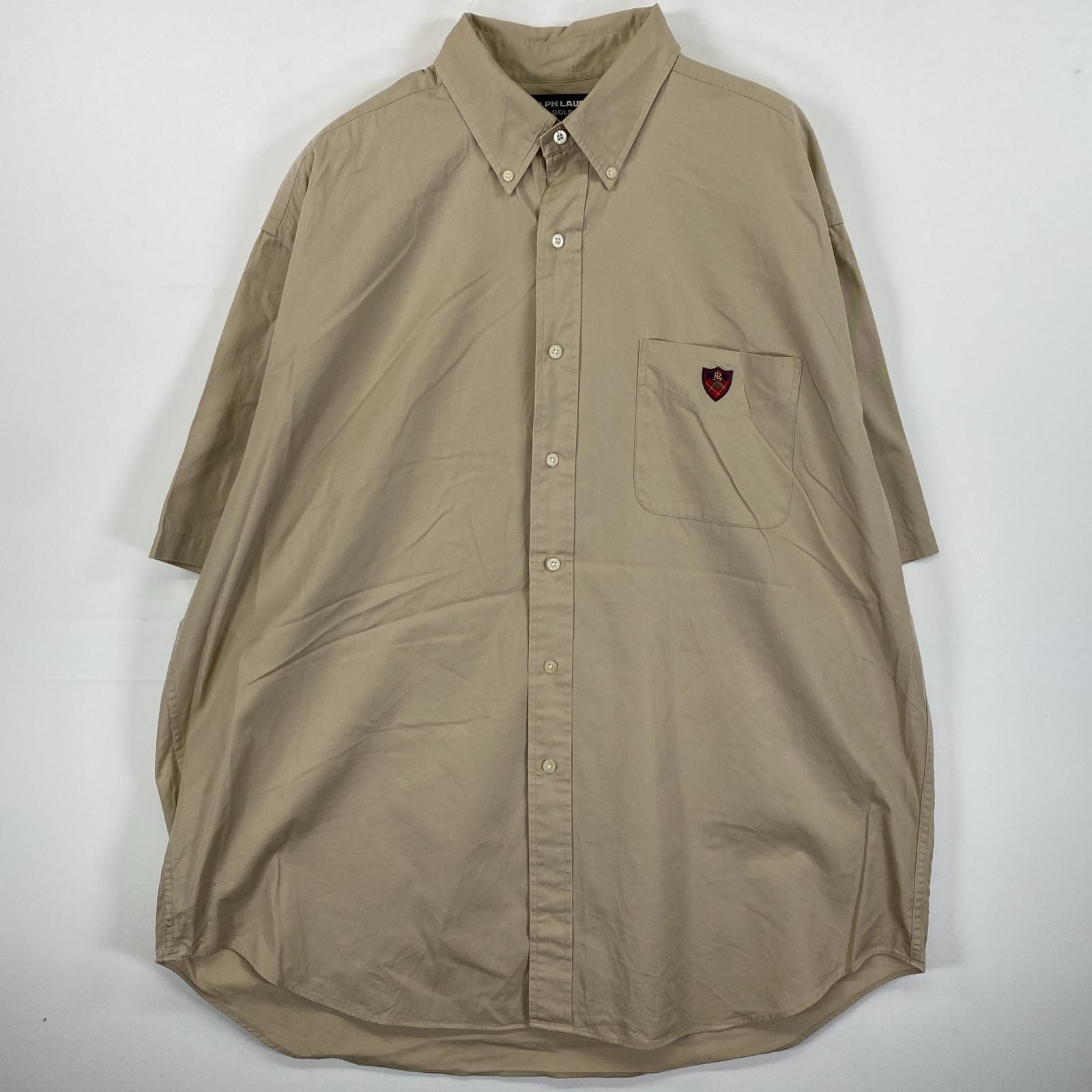 古着 90's/90年代 ラルフローレン RALPH LAUREN 半袖シャツ ボタンダウン ワンポイント 胸ポケット XL  ベージュ 無地 メンズ
