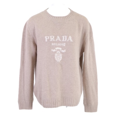 PRADA Women's Cashmere and Wool PRADA Women's Logo Crew-Neck Sweater "Sand Beige"