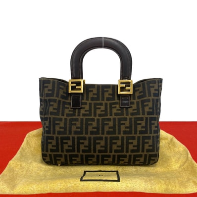 FENDI フェンディ ズッカ FF ロゴ 金具 キャンバス レザー ハンドバッグ ブラウン
32222
