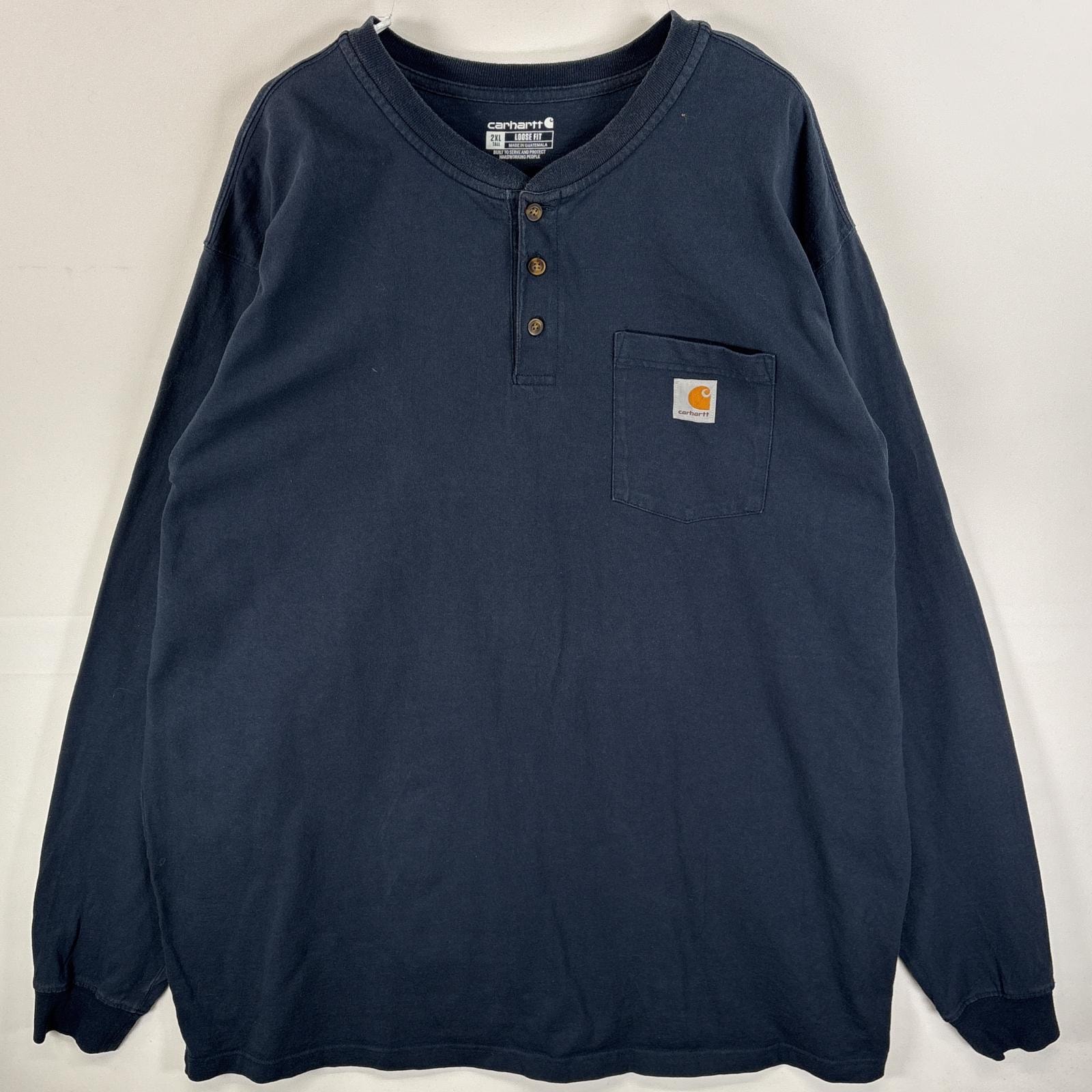 古着 カーハート Carhartt 長袖Tシャツ 肉厚 ワンポイント ロゴ ヘンリーネック 2XL  ネイビー 無地 メンズ