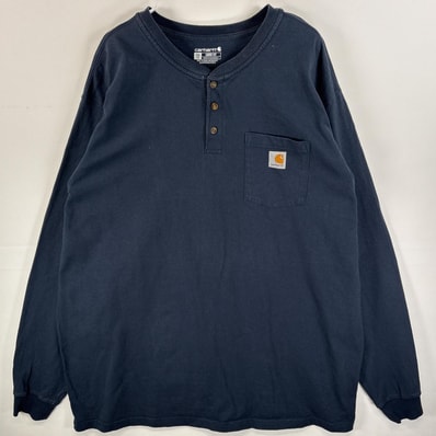 古着 カーハート Carhartt 長袖Tシャツ 肉厚 ワンポイント ロゴ ヘンリーネック 2XL ネイビー 無地 メンズ