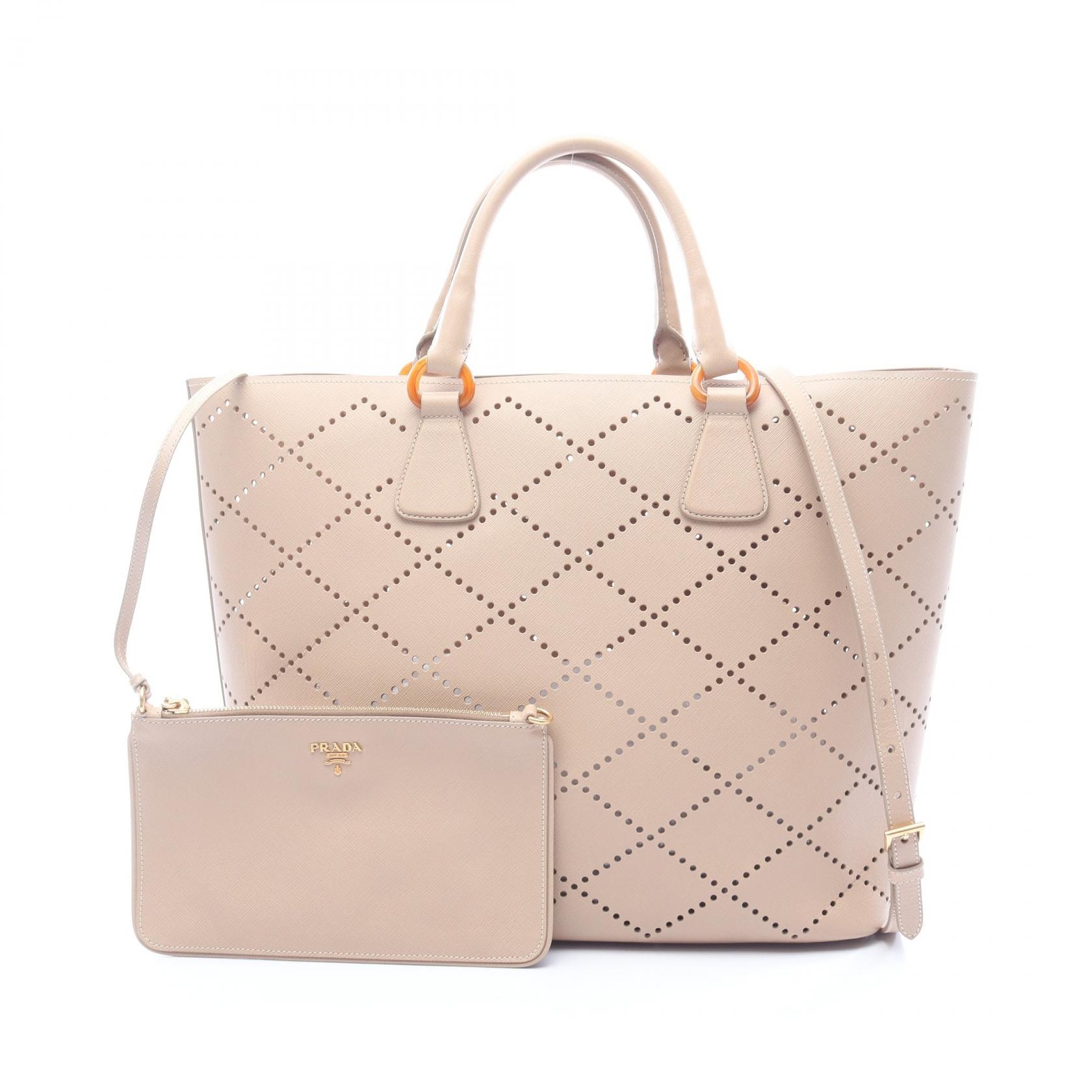 プラダ PRADA パンチング 2WAY トートバッグ バッグ レザー レディース ベージュ系 【中古】