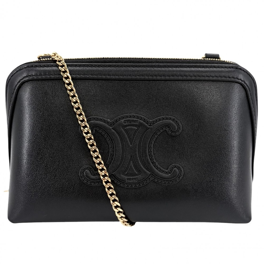 CELINE セリーヌ ショルダーバッグ ポシェット キュイルトリオンフ 斜め掛け レザー    ブラック 黒 ゴールド金具 レディース【中古品】