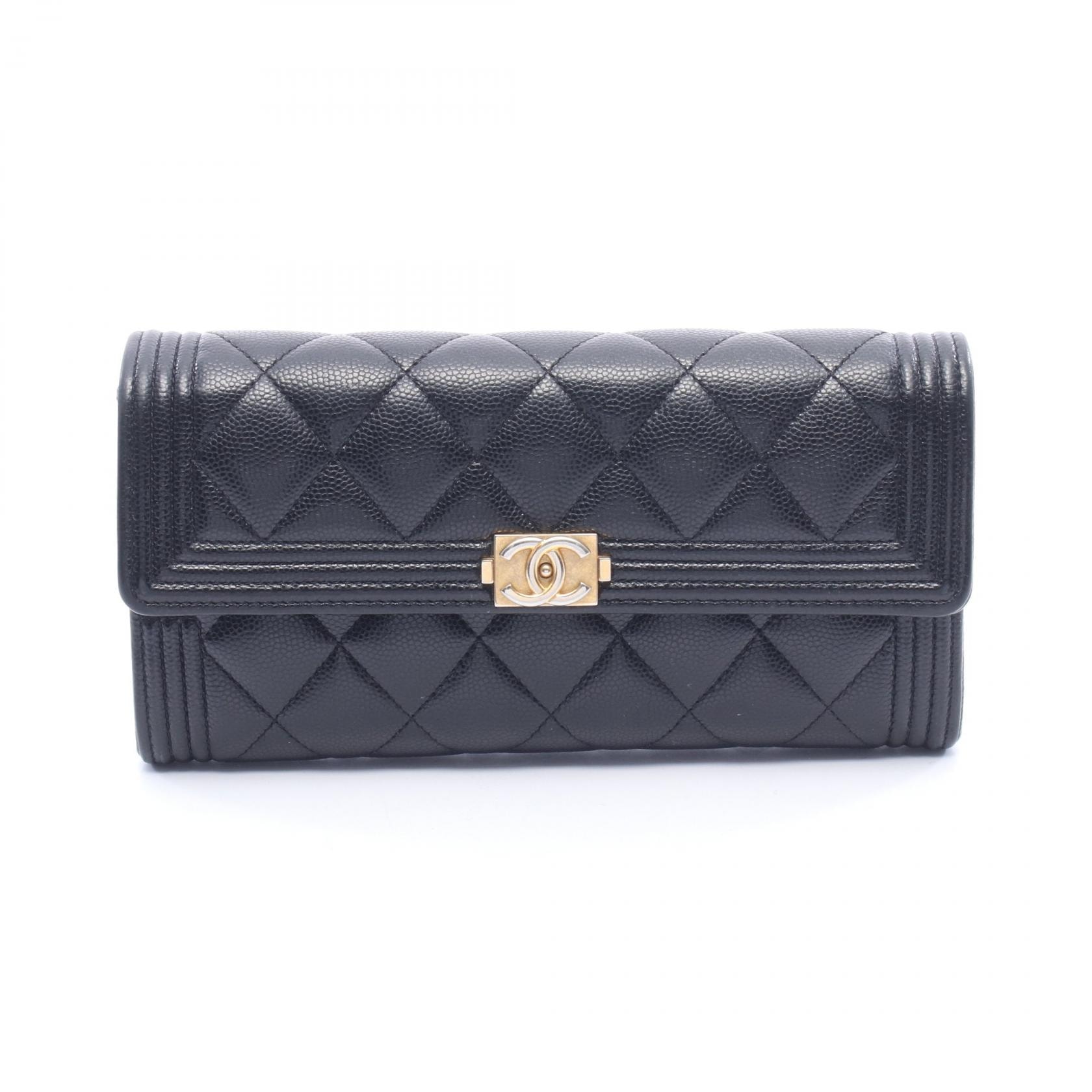 シャネル CHANEL ボーイシャネル 二つ折り長財布 財布 カーフ(牛革) レディース ブラック系 A80286 【中古】