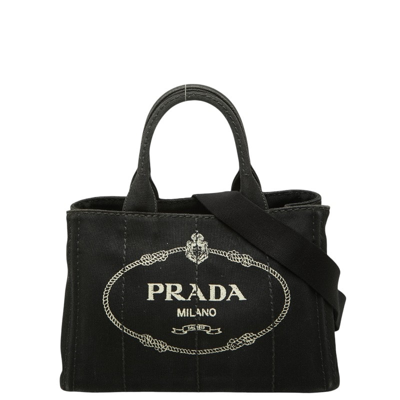 プラダ 三角ロゴプレート カナパ ミニ ハンドバッグ ショルダーバッグ 2WAY ブラック キャンバス レディース PRADA 【中古】