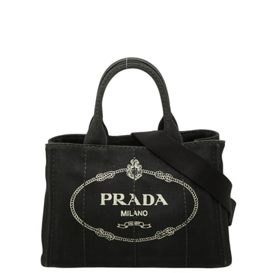プラダ 三角ロゴプレート カナパ ミニ ハンドバッグ ショルダーバッグ 2WAY ブラック キャンバス レディース PRADA 【中古】