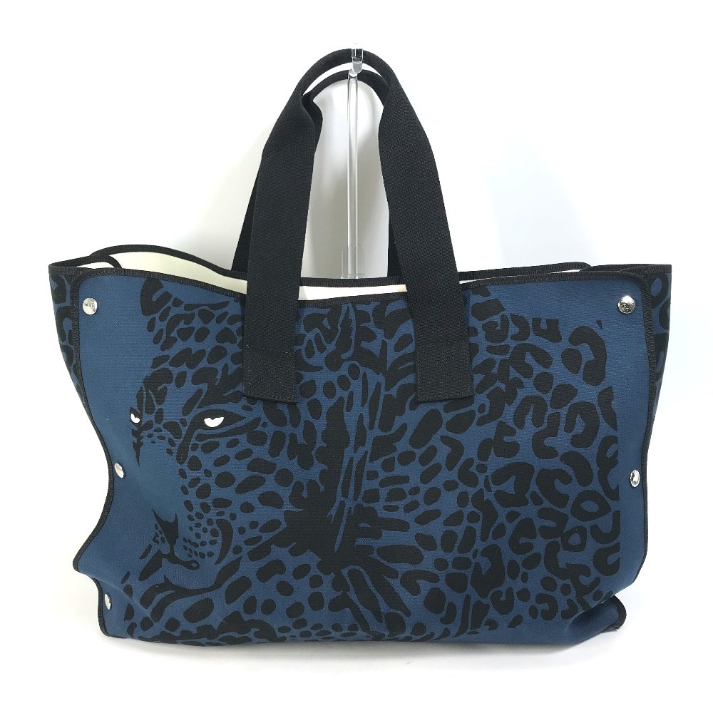 エルメス HERMES レオパード ヒョウ 豹 ショルダーバッグ 肩掛け ビーチバッグ トートバッグ キャンバス ネイビー 美品