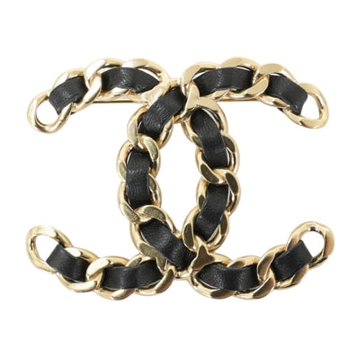 【渋谷並木橋店】B19V CHANEL シャネル ブローチ ビッグ ココマーク チェーン 黒 (ブラック) レザー ゴールド金具 ABH134 新品未使用