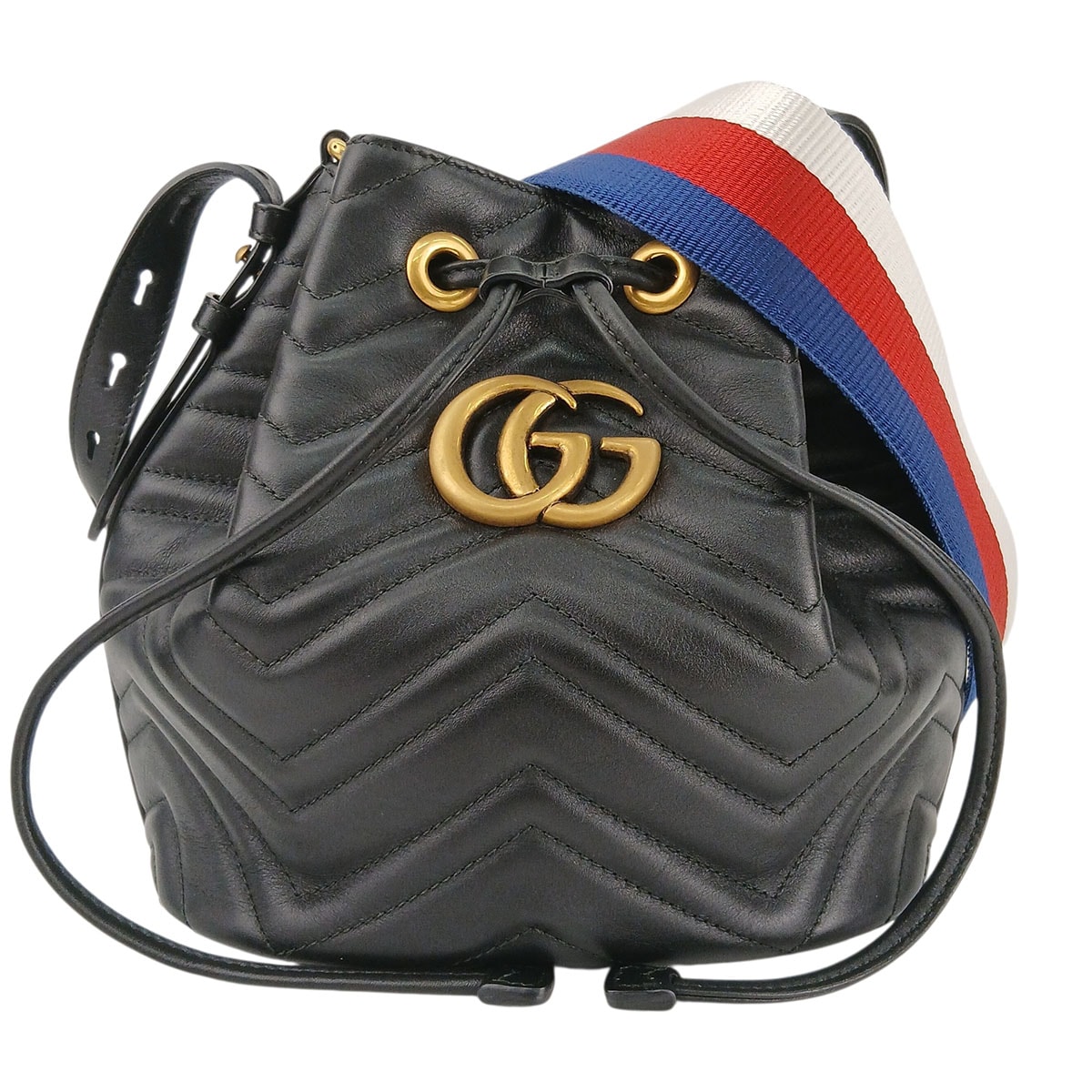 GUCCI グッチ GGマーモント 巾着 メッセンジャーバッグ ショルダーバッグ 476674 レザー ブラック ゴールド レディース【中古】