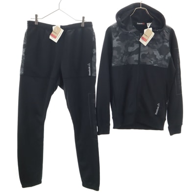 未使用 Reebok リーボック カモフラ柄切替 長袖 ジップパーカー 上下セットアップ M/L ブラック ジャージ