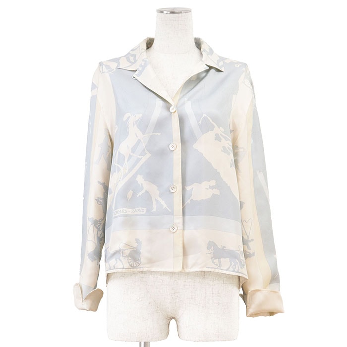 HERMES エルメス ジャケット シャツ シルク100% ツイル ロゴ ボタン ホース 馬車 レディース ロングスリーブ 長袖 アウター トップス サイズ 38 アイボリー サックスブルー フランス製 Loïc Dubigeon ロイク・デュビジョン