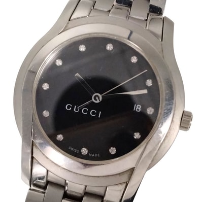 GUCCI グッチ 5500XL 黒文字盤 12Pダイヤ デイト クォーツ ステンレス メンズ 腕時計 C922
