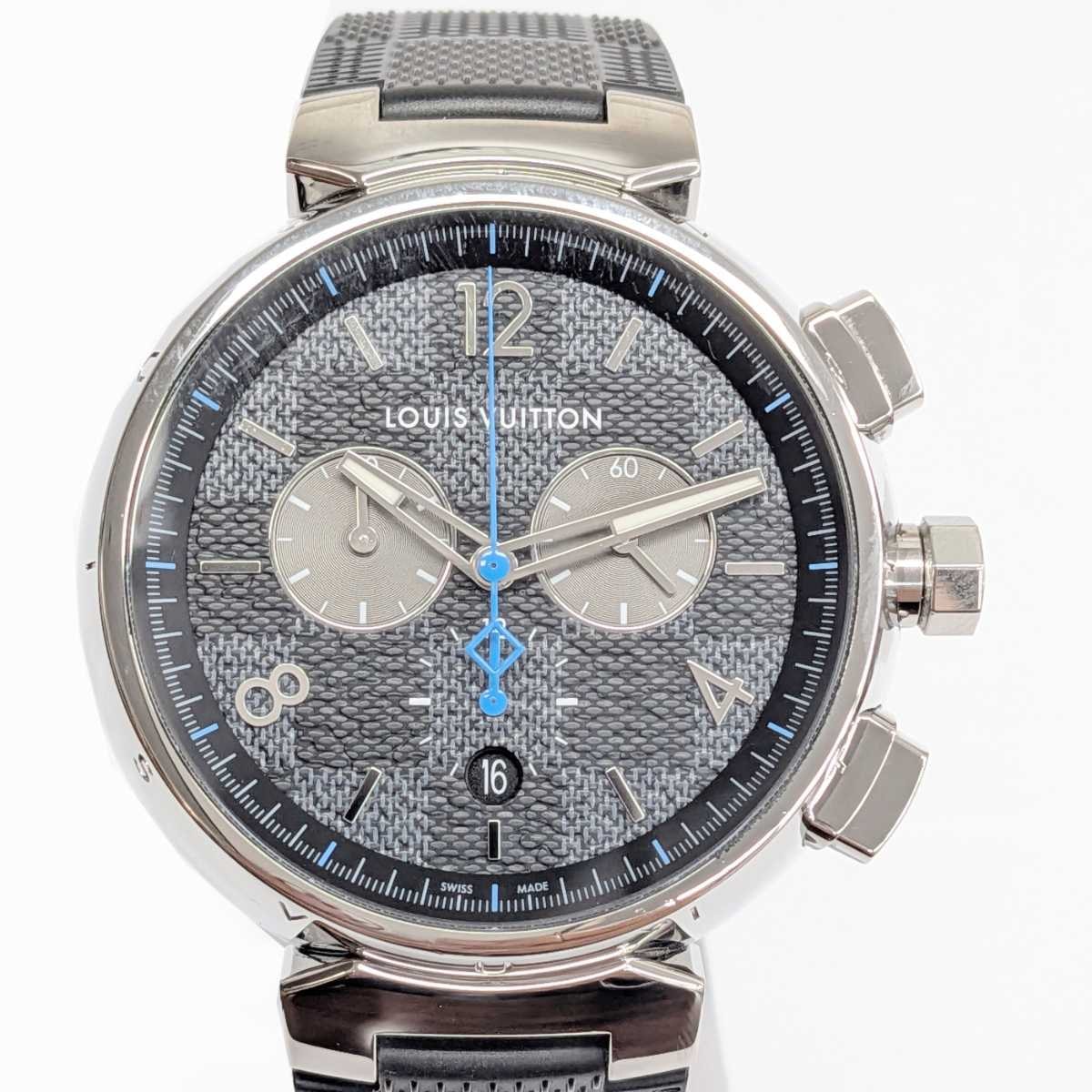 LOUIS VUITTON ルイ・ヴィトン タンブール GM ダミエ グラフィット クロノグラフ 腕時計 QA094 ステンレススチール ラバー ブラック クオーツ  メンズ【中古】