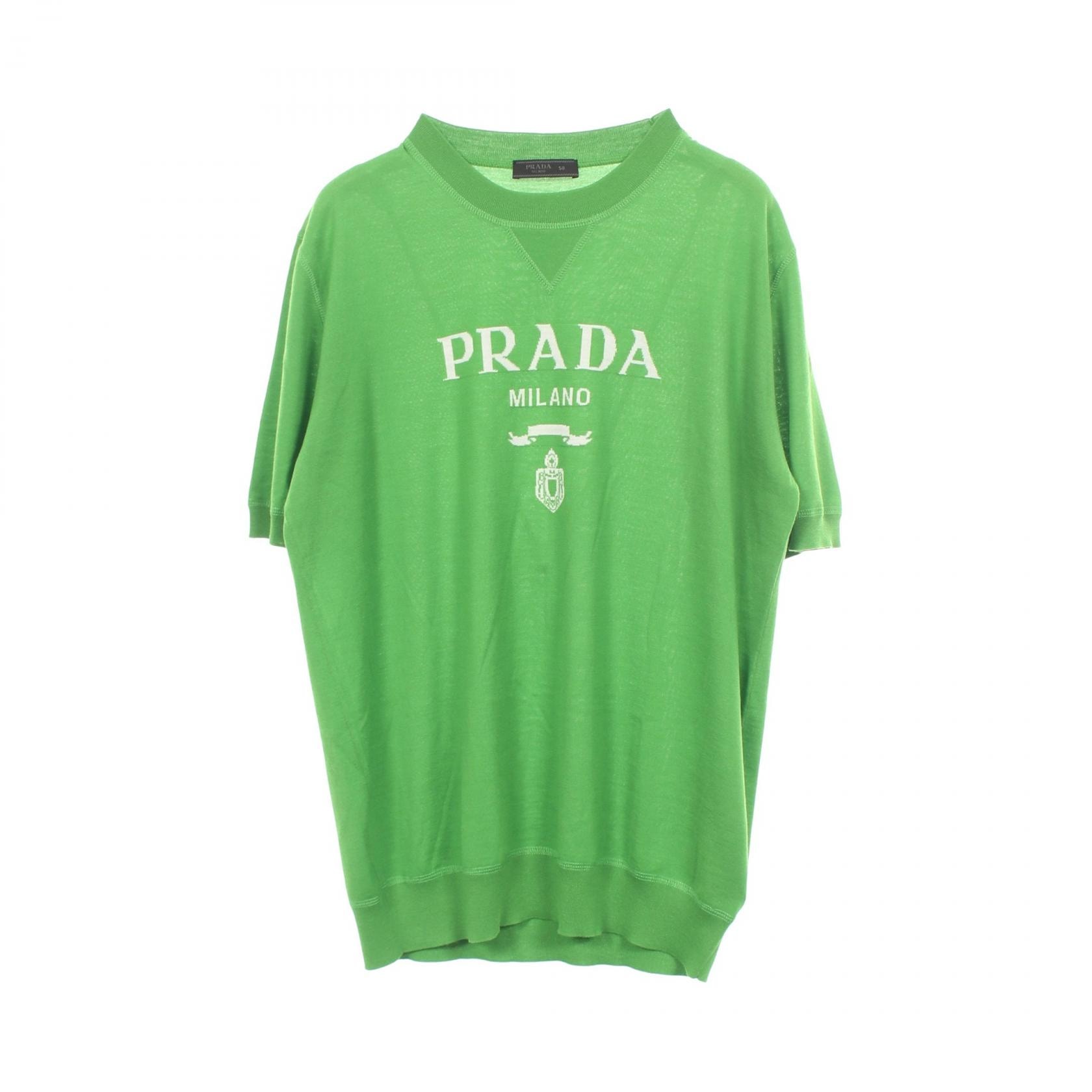 プラダ PRADA ロゴ 半袖 クルーネック ニット 衣料品 トップス ウール メンズ グリーン系 / ホワイト系 【中古】