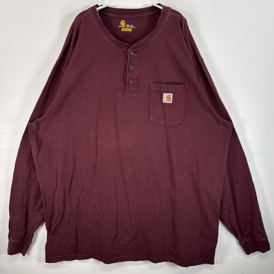 古着 カーハート Carhartt 長袖Tシャツ ヘンリーネック ワンポイント ロゴ 大きいサイズ 厚手 3XL TALL ワインレッド 無地 メンズ