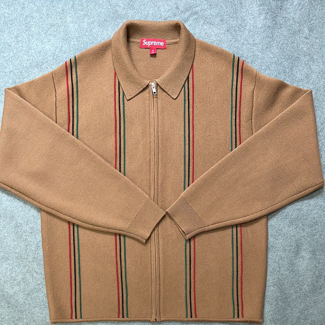 Supreme Stripe Zip Up Polo Sweater "Tan"