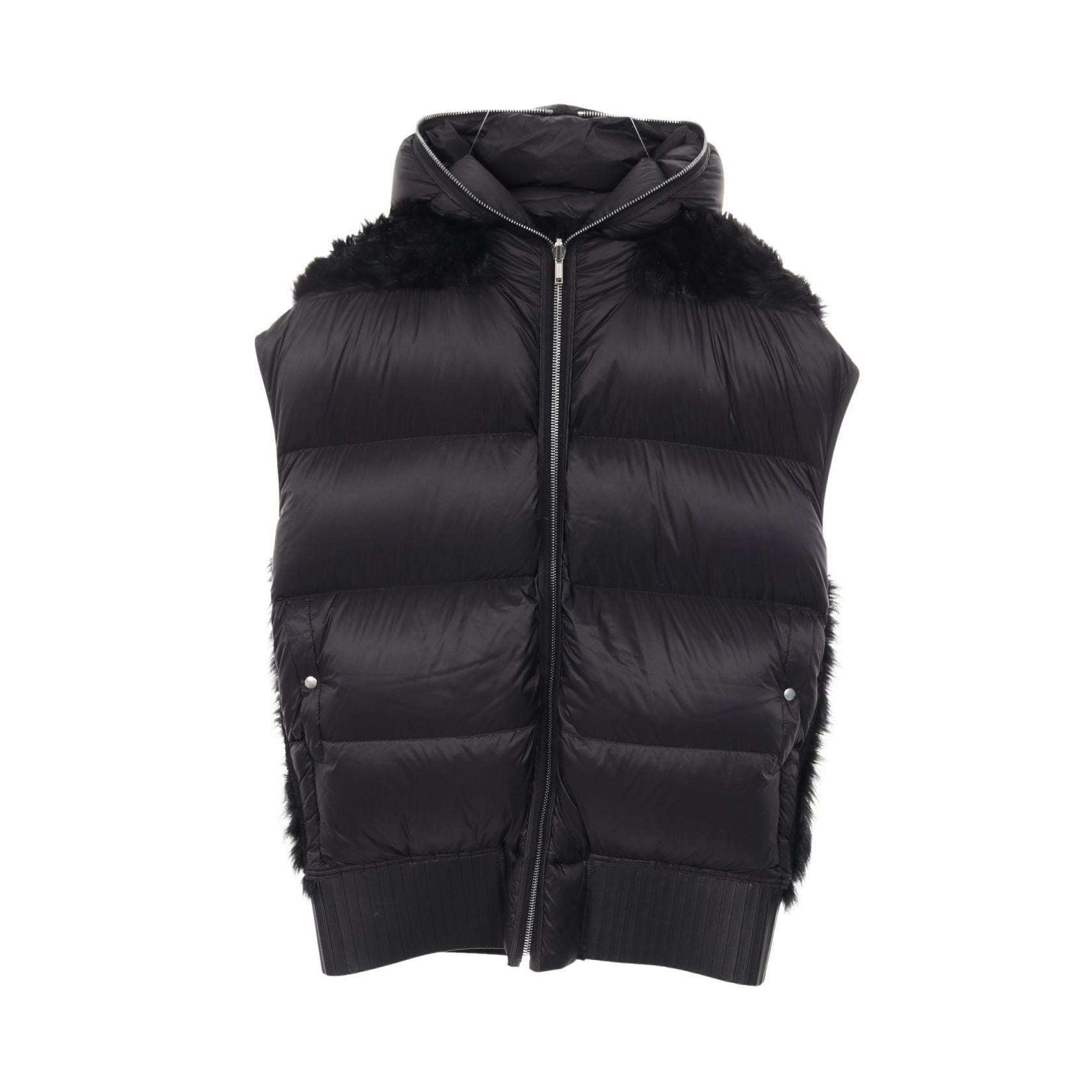 リックオウエンス Rick Owens リバーシブル スリーブレス フーディ ダウンベスト 衣料品 アウター ナイロン ラムレザー / シアリングファー メンズ ブラック系 【中古】