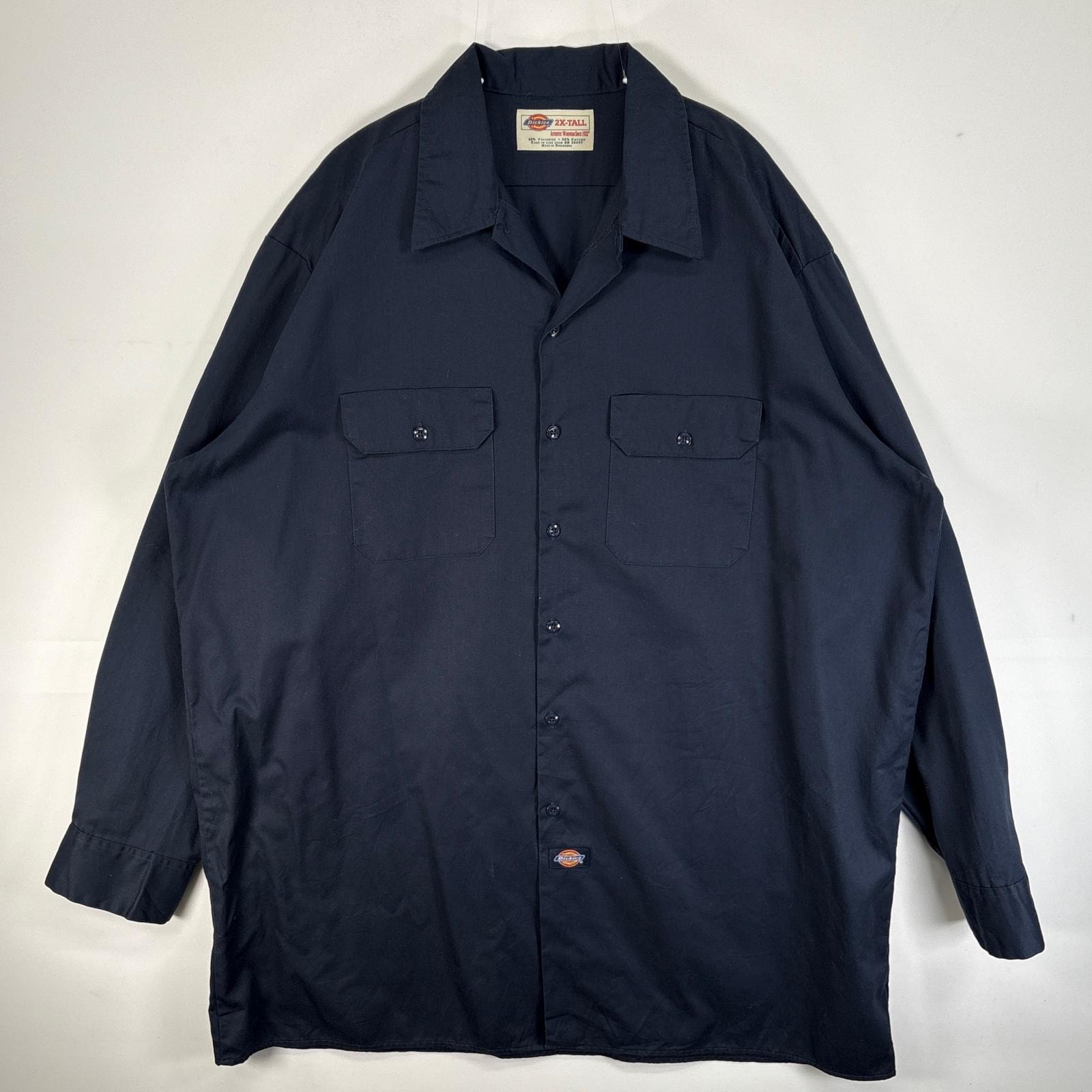 古着 ディッキーズ Dickies 長袖シャツ ワーク 作業着 フラップポケ 大きいサイズ ワンポイント ロゴ 2XL  ネイビー 無地 メンズ