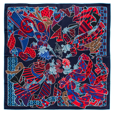 HERMES エルメス スカーフ カレ90 Duels Oniriques 夢見る決闘 003328S 13 シルク ブルー レッド【中古】