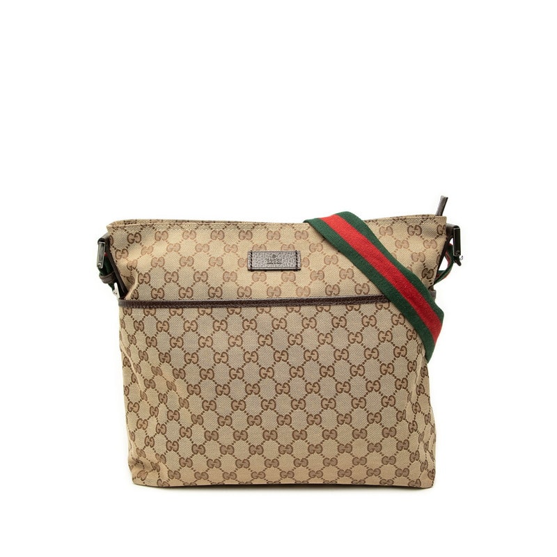 グッチ GGキャンバス シェリーライン 斜め掛け ショルダーバッグ 189751 ブラウン ベージュ キャンバス レザー レディース GUCCI 中古