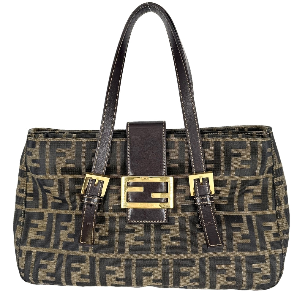 FENDI フェンディ トートバッグ ズッカ ハンドバッグ 肩掛け キャンバス  レザー   ブラウン 茶 ゴールド金具 レディース【中古品】