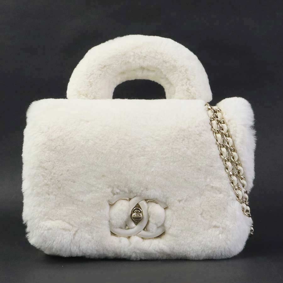 シャネル CHANEL ハンドバッグ ショルダーバッグ ファー/レザー オフホワイト ゴールド レディース【中古】 e62305a