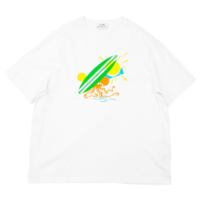 美品 エルメス 2023SS プリント サーフィン 半袖Tシャツ メンズ ホワイト マルチカラー XXL HERMES