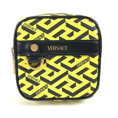 ヴェルサーチ VERSACE 総ロゴ ラグレカ スクレア メイクポーチ 化粧ポーチ マルチポーチ ポーチ レザー イエロー 未使用
