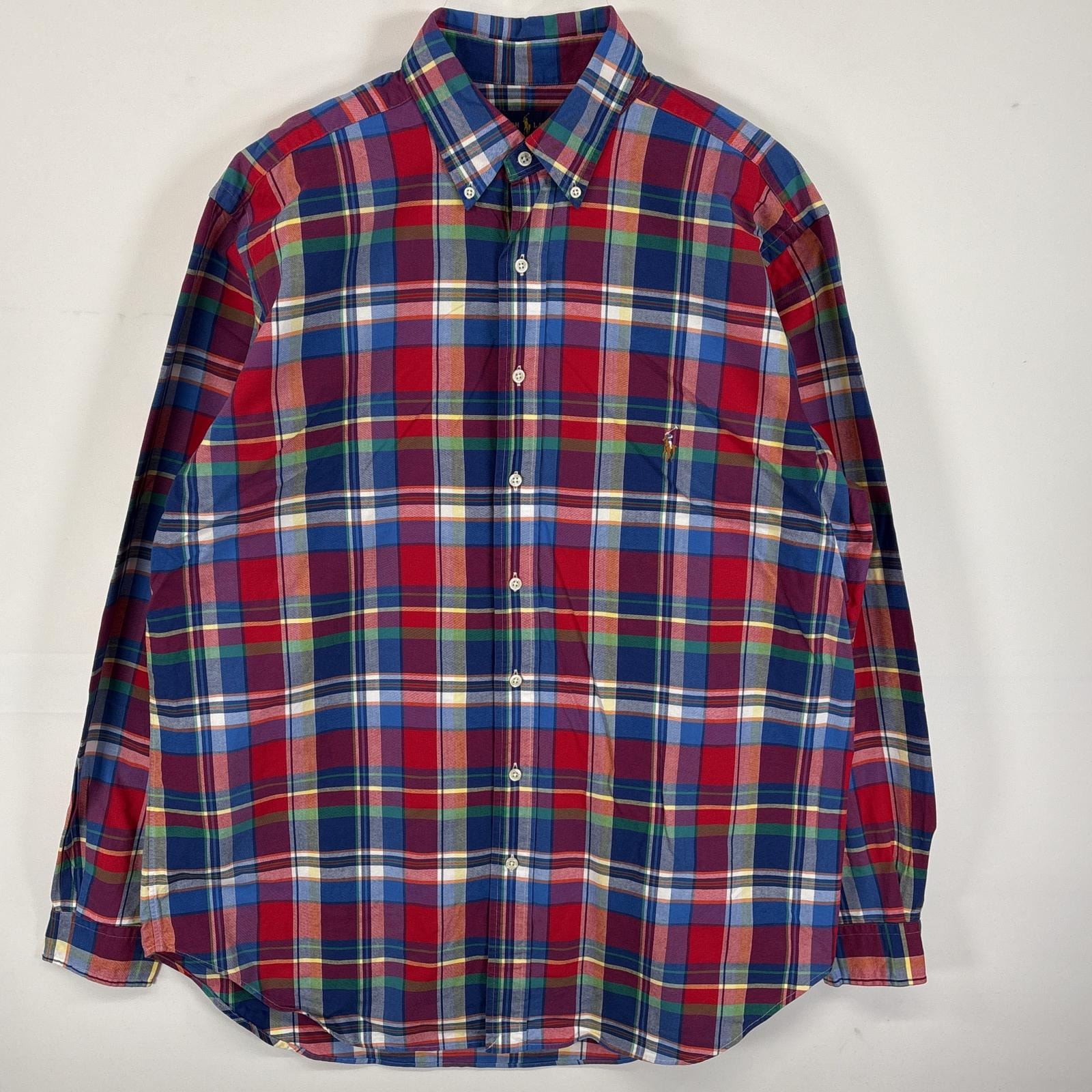 古着 ラルフローレン RALPH LAUREN 長袖シャツ ボタンダウンシャツ ワンポイント ロゴ 刺繍 オックスフォード LT  ブルー系 マルチカラー メンズ