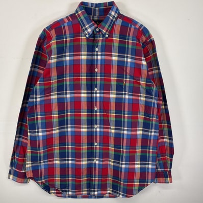 古着 ラルフローレン RALPH LAUREN 長袖シャツ ボタンダウンシャツ ワンポイント ロゴ 刺繍 オックスフォード LT ブルー系 マルチカラー メンズ