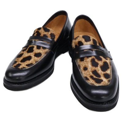 バーウィック 【新品同様】レザーxレオパード柄ハラコ コインローファー 2 1/2