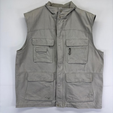 古着 コロンビア Columbia ベスト ワンポイントロゴ フィッシング 大きいサイズ ロゴ フルジップ タポケット 2XL グレー系 無地 メンズ