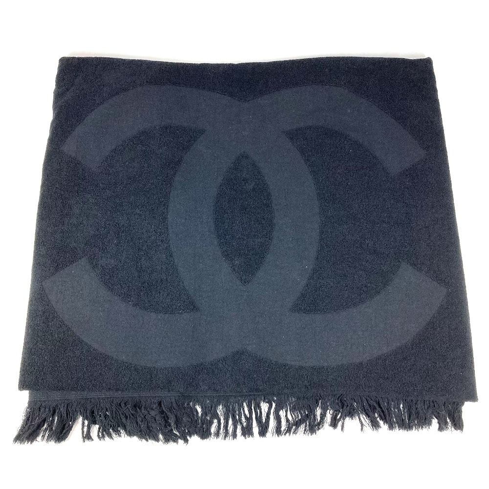 シャネル CHANEL CC ココマーク ロゴ ビーチタオル 19C バスタオル インテリア ひざかけ ブランケット タオル コットン ブラック 美品