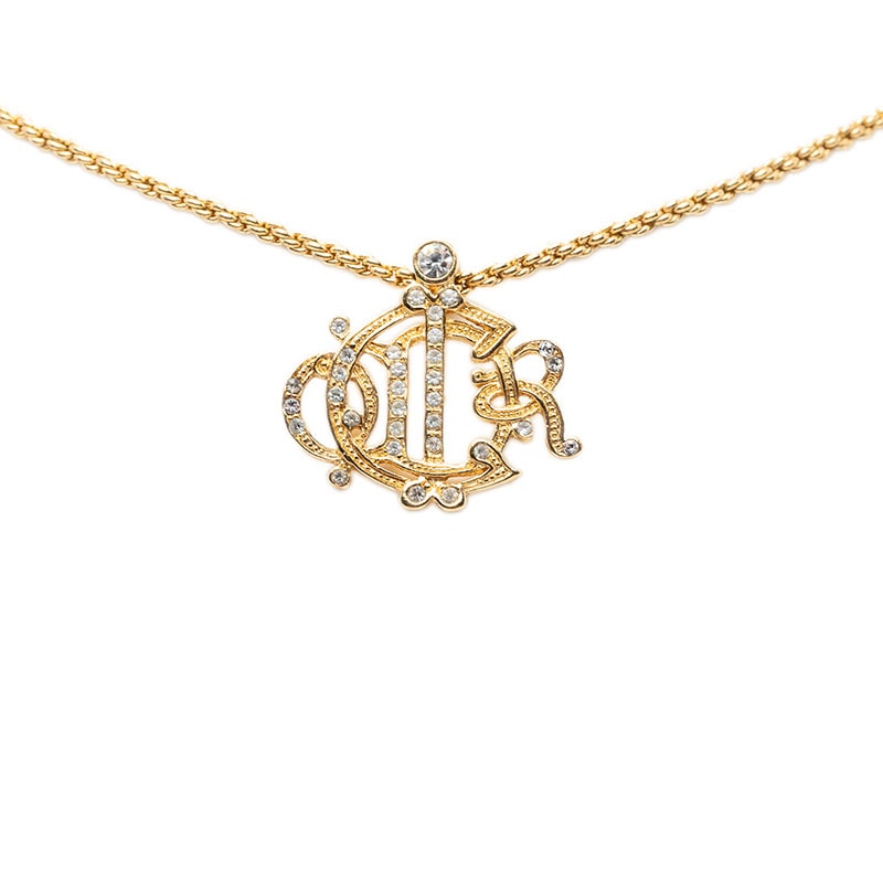 ディオール ロゴ エンブレム ペンダント ネックレス ゴールド メッキ ラインストーン レディース Dior 【中古】
