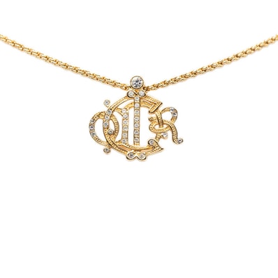 ディオール ロゴ エンブレム ペンダント ネックレス ゴールド メッキ ラインストーン レディース Dior 【中古】