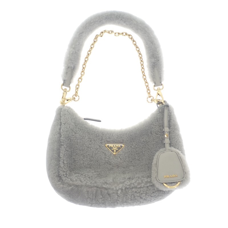 プラダ PRADA Re-Edition シアリング ミニ 1BC204 2EC9 F0591 ショルダーバッグ ファー グレー ゴールド金具 レディース【中古】【ABランク】