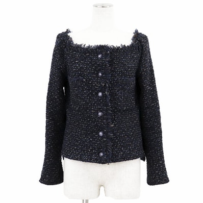 【美品】CHANEL シャネル ヴィンテージ ジャケット ウール x モヘア サイズ 38 レディース 02A P19972 2002AW ロゴ ボタン アウター ネイビー 紺 フランス製 カール・ラガーフェルド期