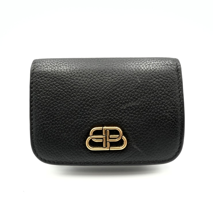 BALENCIAGA(バレンシアガ)BB ミニウォレット 三つ折り財布 ブラック レザー ゴールド金具 レディース【中古】
