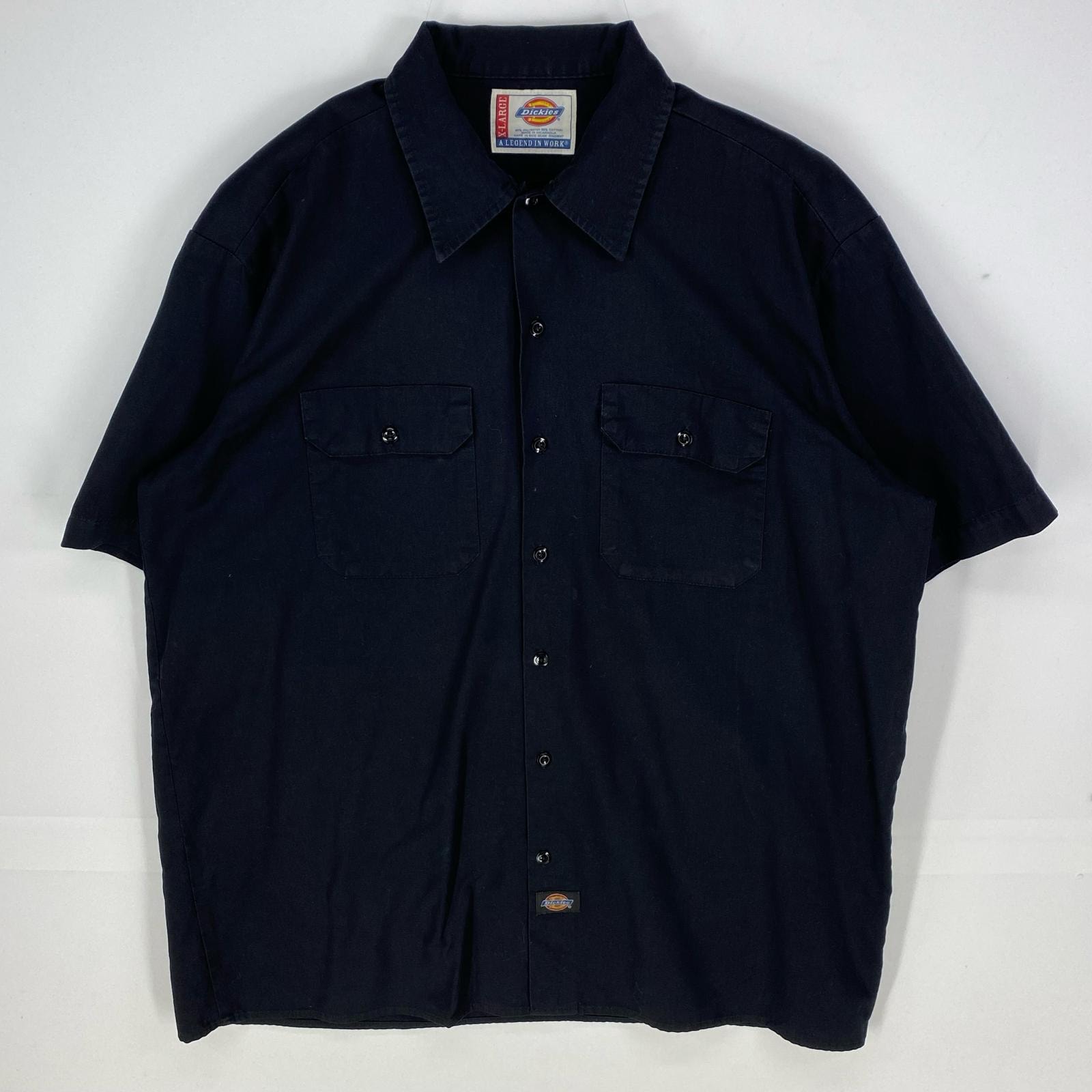 古着 ディッキーズ Dickies 半袖シャツ 胸ポケット ワークシャツ ワンポイントロゴ XL  ブラック系 無地 メンズ