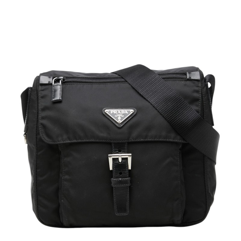 プラダ 三角ロゴプレート 斜め掛け ショルダーバッグ ブラック ナイロン レザー レディース PRADA 中古