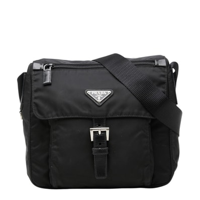プラダ 三角ロゴプレート 斜め掛け ショルダーバッグ ブラック ナイロン レザー レディース PRADA 中古