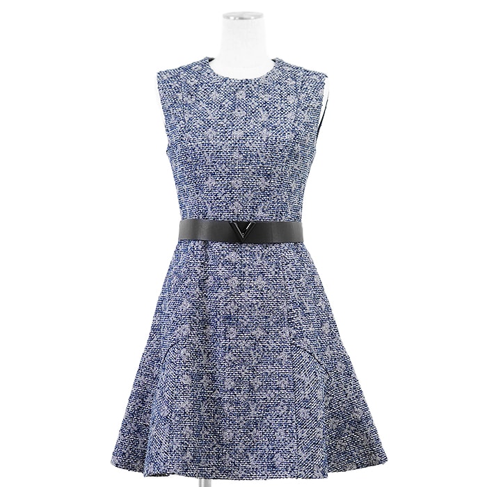 【新品同様】LOUIS VUITTON ルイ・ヴィトン ノースリーブワンピース 2020SS LV モノグラム メタリックヤーン ツイード エッセンシャルV バックファスナー フレアシルエット ドレス レザーベルト付属 レディース 36 ブルー系 青 伊製