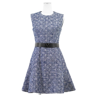 【新品同様】LOUIS VUITTON ルイ・ヴィトン ノースリーブワンピース 2020SS LV モノグラム メタリックヤーン ツイード エッセンシャルV バックファスナー フレアシルエット ドレス レザーベルト付属 レディース 36 ブルー系 青 伊製
