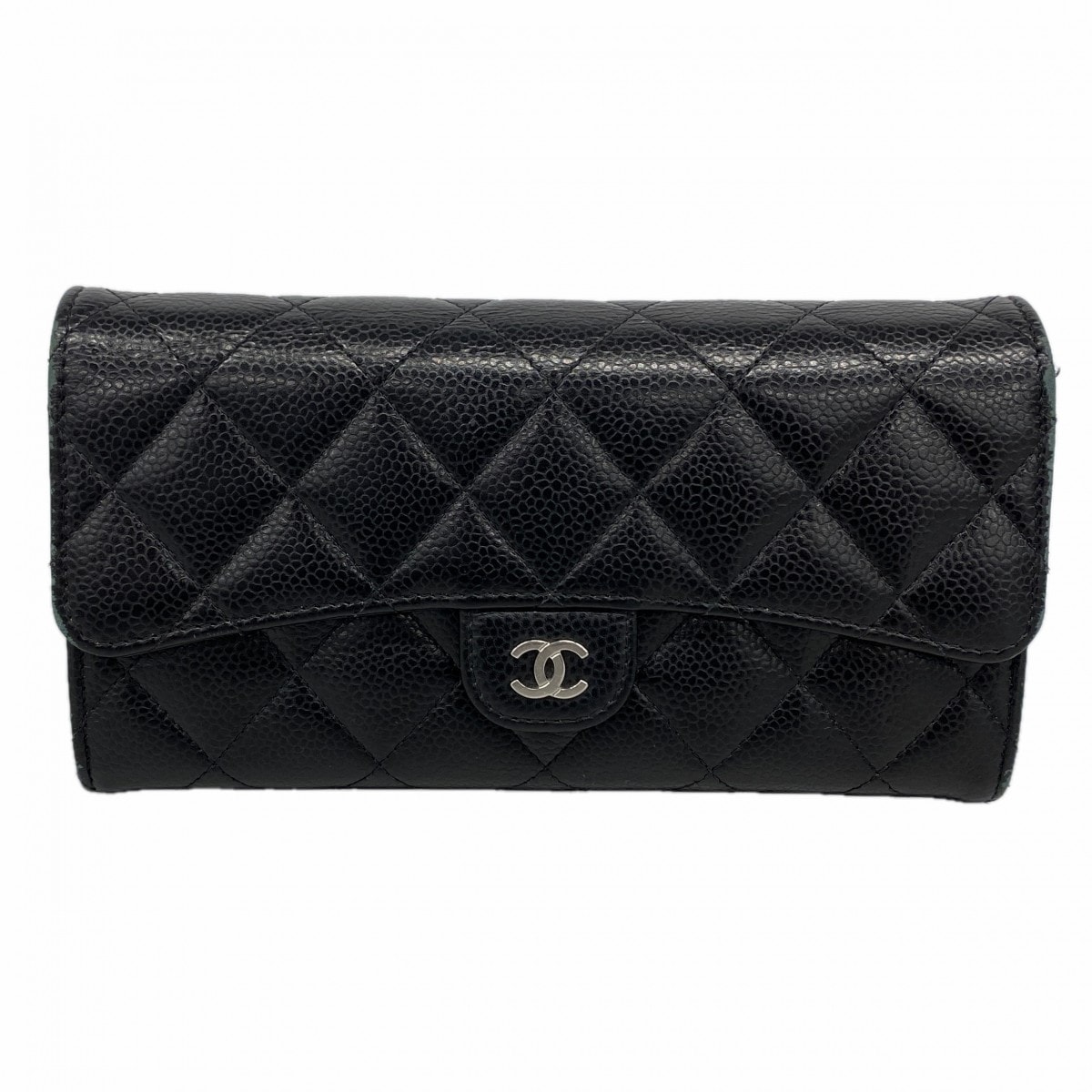 【6dc3697-k】シャネル 長財布 マトラッセ キャビアスキン ブラック シルバー金具【中古】レディース