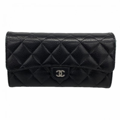 【6dc3697-k】シャネル 長財布 マトラッセ キャビアスキン ブラック シルバー金具【中古】レディース